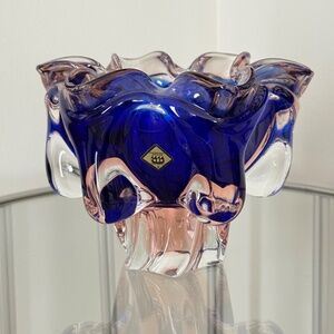 Vintage Cobalt Blue/Pink Art Glass Bowl Glassworks Chribska Czech Republic 60s